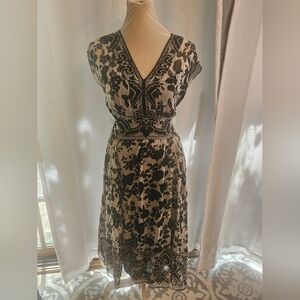 IXE 90s Y2K Black and Cream Floral V-Neck Midi Dress Silk Beaded 14